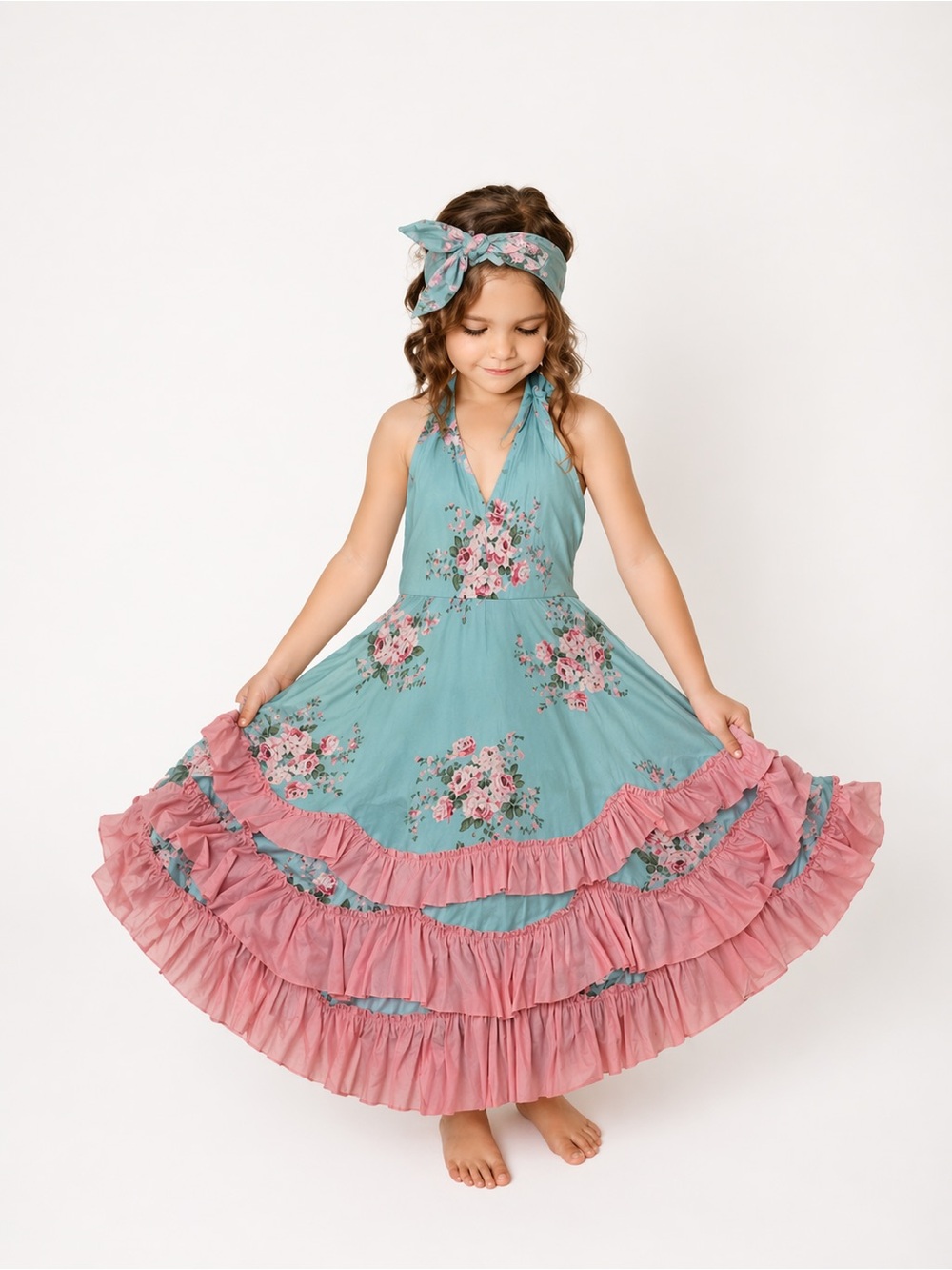 Girls' Floral Halter Ruffle Dress in Aqua and Pink